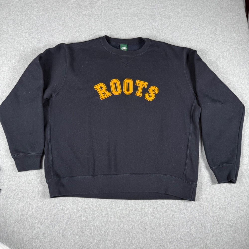 Roots 1973 Crewneck Sweatshirt L Black Gold Varsity Logo Embroidered Y2K 2003